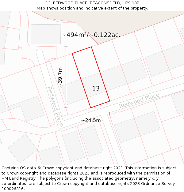 13, REDWOOD PLACE, BEACONSFIELD, HP9 1RP: Plot and title map