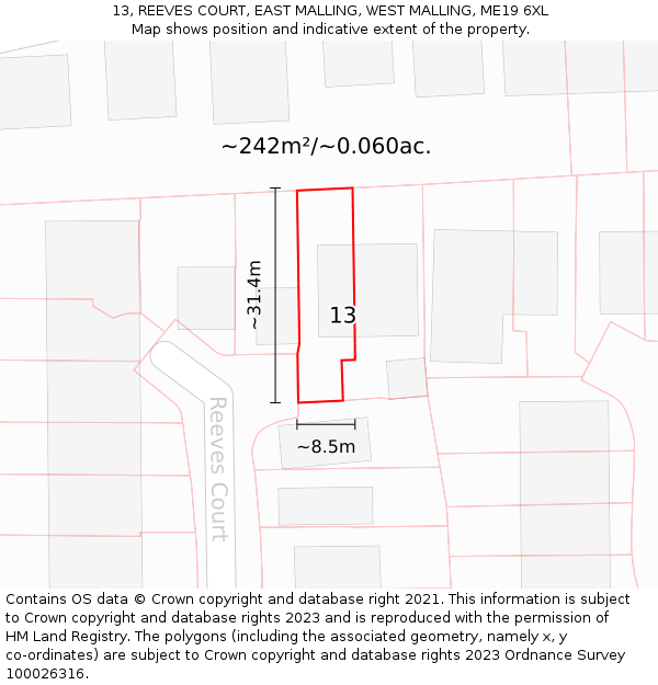 13, REEVES COURT, EAST MALLING, WEST MALLING, ME19 6XL: Plot and title map