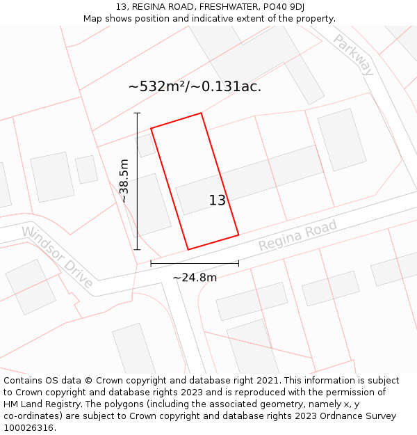 13, REGINA ROAD, FRESHWATER, PO40 9DJ: Plot and title map