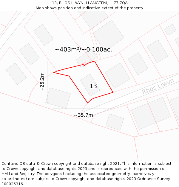 13, RHOS LLWYN, LLANGEFNI, LL77 7QA: Plot and title map