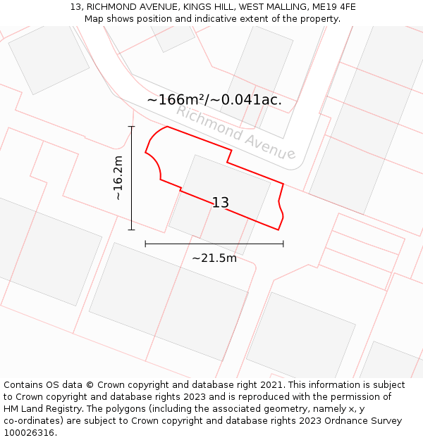 13, RICHMOND AVENUE, KINGS HILL, WEST MALLING, ME19 4FE: Plot and title map