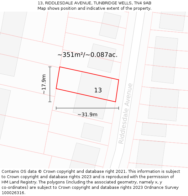 13, RIDDLESDALE AVENUE, TUNBRIDGE WELLS, TN4 9AB: Plot and title map