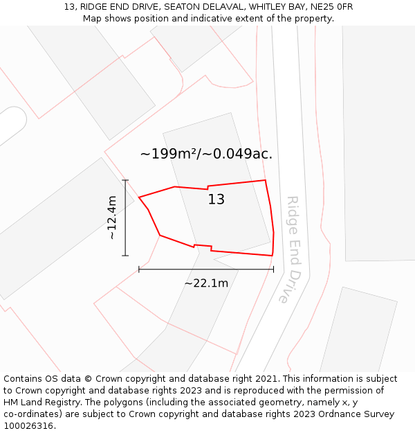 13, RIDGE END DRIVE, SEATON DELAVAL, WHITLEY BAY, NE25 0FR: Plot and title map