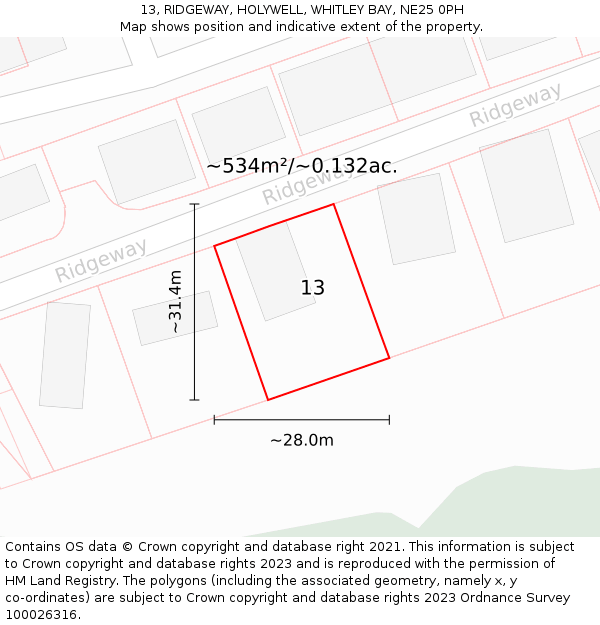 13, RIDGEWAY, HOLYWELL, WHITLEY BAY, NE25 0PH: Plot and title map