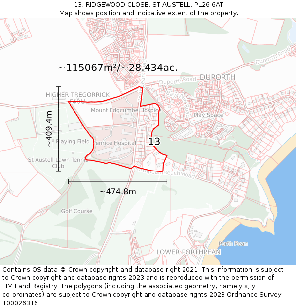 13, RIDGEWOOD CLOSE, ST AUSTELL, PL26 6AT: Plot and title map