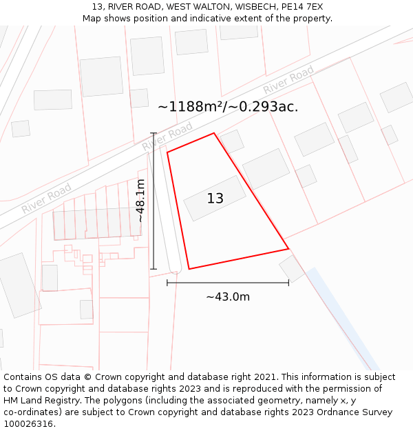 13, RIVER ROAD, WEST WALTON, WISBECH, PE14 7EX: Plot and title map