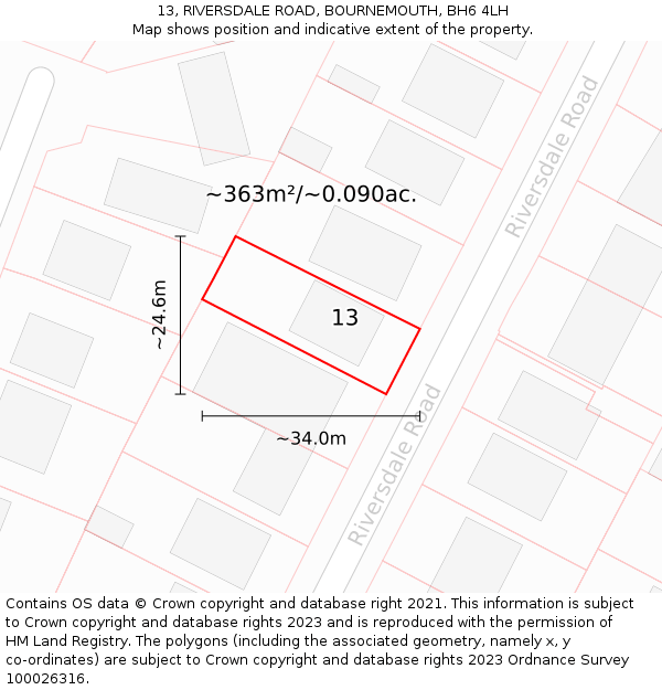 13, RIVERSDALE ROAD, BOURNEMOUTH, BH6 4LH: Plot and title map
