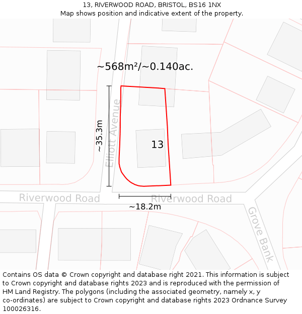 13, RIVERWOOD ROAD, BRISTOL, BS16 1NX: Plot and title map