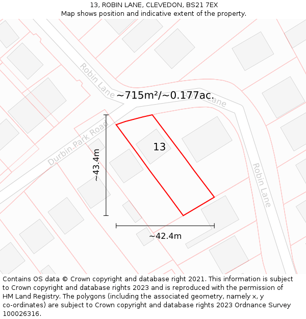 13, ROBIN LANE, CLEVEDON, BS21 7EX: Plot and title map