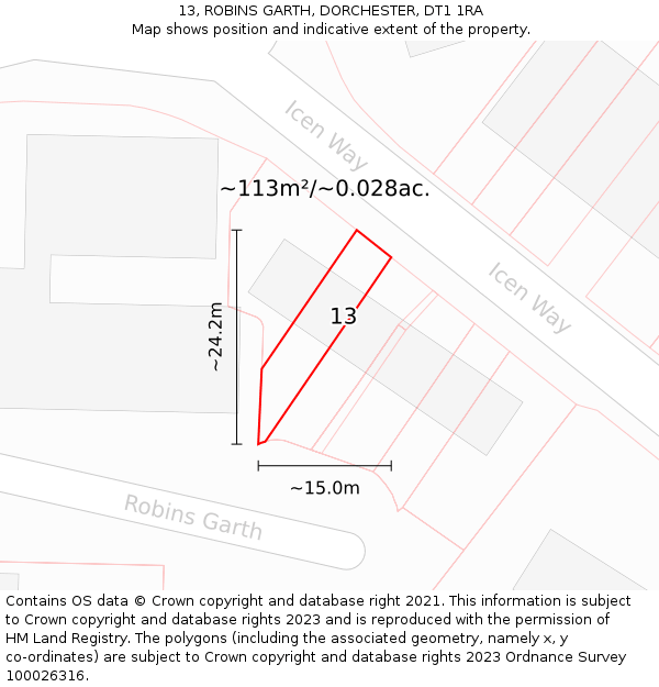 13, ROBINS GARTH, DORCHESTER, DT1 1RA: Plot and title map