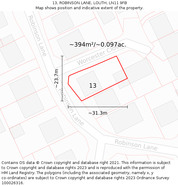 13, ROBINSON LANE, LOUTH, LN11 9FB: Plot and title map