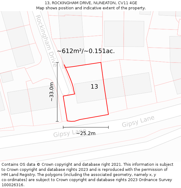 13, ROCKINGHAM DRIVE, NUNEATON, CV11 4GE: Plot and title map