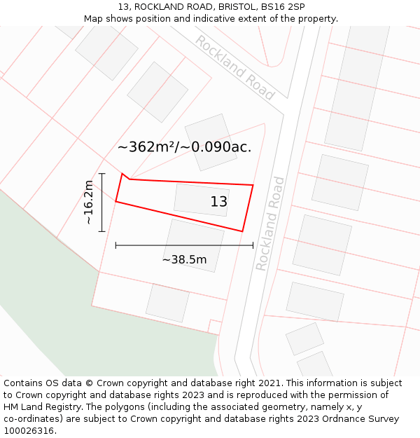 13, ROCKLAND ROAD, BRISTOL, BS16 2SP: Plot and title map