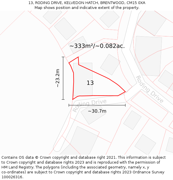 13, RODING DRIVE, KELVEDON HATCH, BRENTWOOD, CM15 0XA: Plot and title map