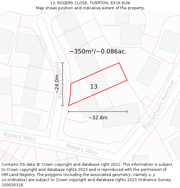 13, ROGERS CLOSE, TIVERTON, EX16 6UW: Plot and title map
