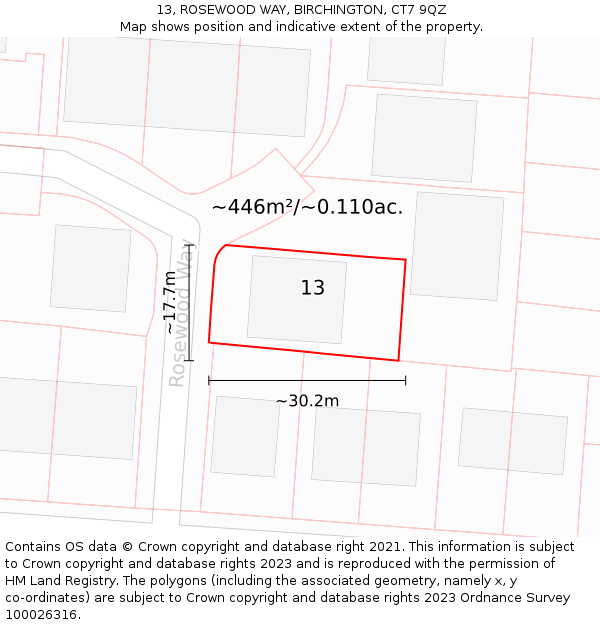 13, ROSEWOOD WAY, BIRCHINGTON, CT7 9QZ: Plot and title map