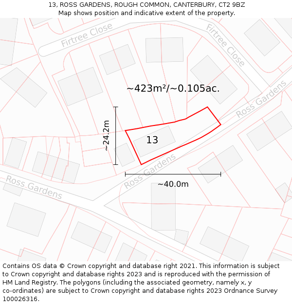 13, ROSS GARDENS, ROUGH COMMON, CANTERBURY, CT2 9BZ: Plot and title map