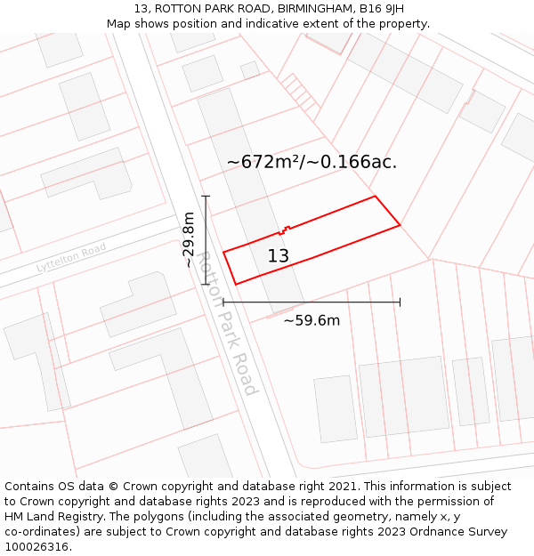 13, ROTTON PARK ROAD, BIRMINGHAM, B16 9JH: Plot and title map