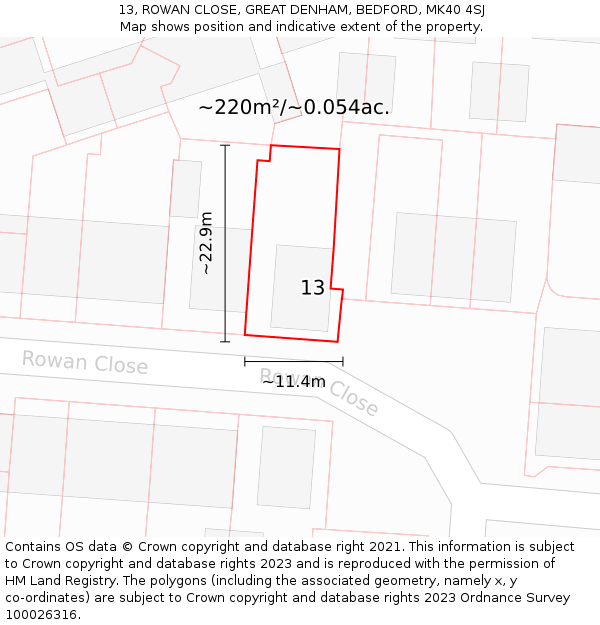 13, ROWAN CLOSE, GREAT DENHAM, BEDFORD, MK40 4SJ: Plot and title map