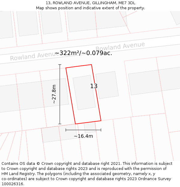 13, ROWLAND AVENUE, GILLINGHAM, ME7 3DL: Plot and title map