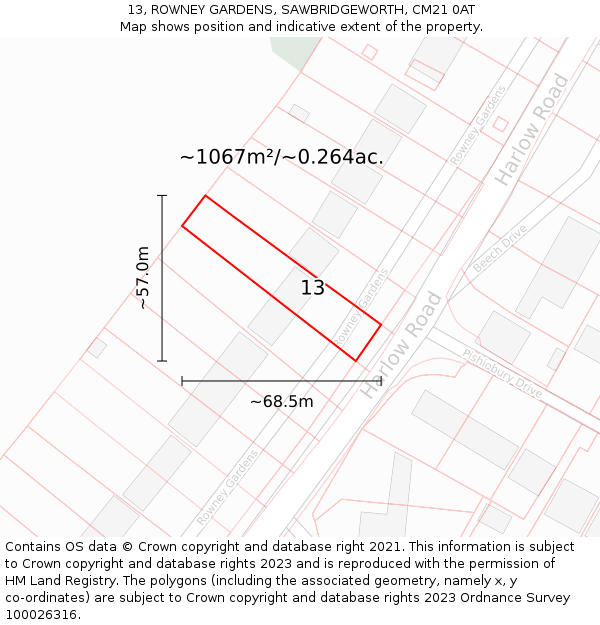 13, ROWNEY GARDENS, SAWBRIDGEWORTH, CM21 0AT: Plot and title map