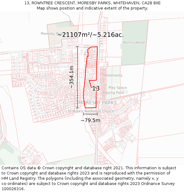 13, ROWNTREE CRESCENT, MORESBY PARKS, WHITEHAVEN, CA28 8XE: Plot and title map