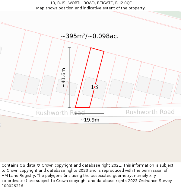 13, RUSHWORTH ROAD, REIGATE, RH2 0QF: Plot and title map