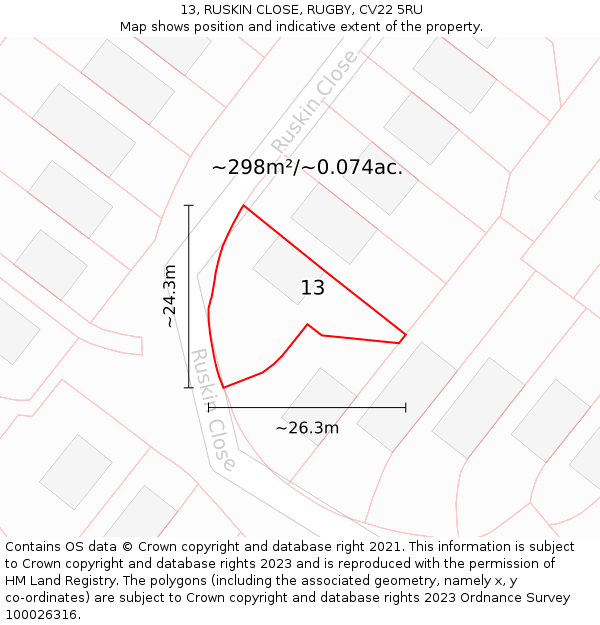 13, RUSKIN CLOSE, RUGBY, CV22 5RU: Plot and title map