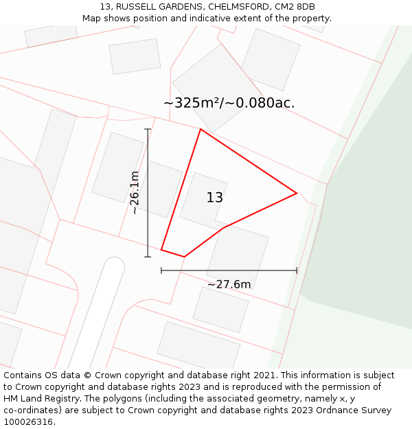 13, RUSSELL GARDENS, CHELMSFORD, CM2 8DB: Plot and title map