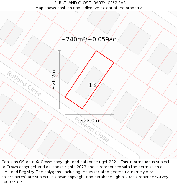 13, RUTLAND CLOSE, BARRY, CF62 8AR: Plot and title map