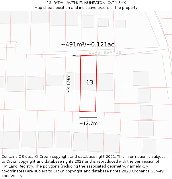 13, RYDAL AVENUE, NUNEATON, CV11 6HX: Plot and title map