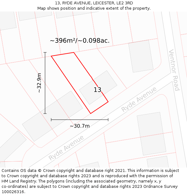 13, RYDE AVENUE, LEICESTER, LE2 3RD: Plot and title map
