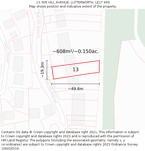 13, RYE HILL AVENUE, LUTTERWORTH, LE17 4AS: Plot and title map
