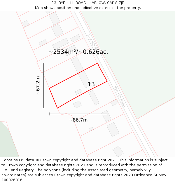 13, RYE HILL ROAD, HARLOW, CM18 7JE: Plot and title map