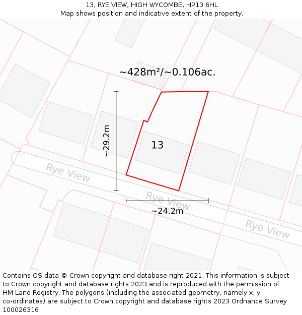 13, RYE VIEW, HIGH WYCOMBE, HP13 6HL: Plot and title map