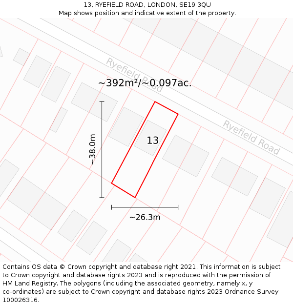 13, RYEFIELD ROAD, LONDON, SE19 3QU: Plot and title map