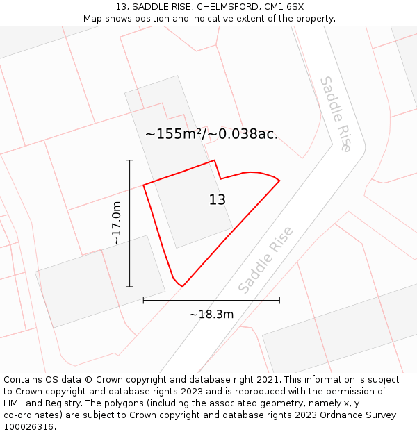 13, SADDLE RISE, CHELMSFORD, CM1 6SX: Plot and title map