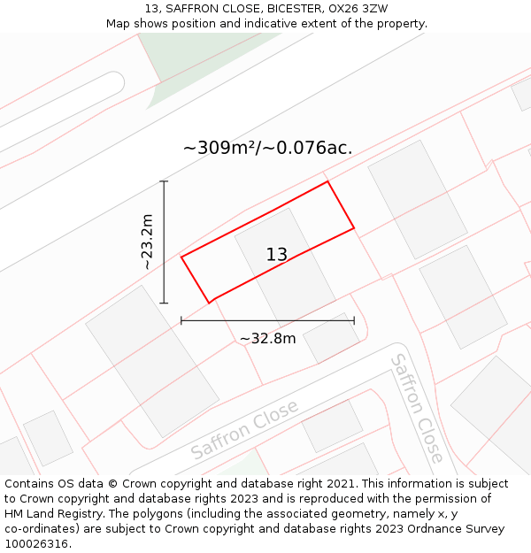 13, SAFFRON CLOSE, BICESTER, OX26 3ZW: Plot and title map