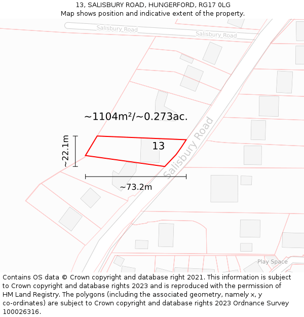 13, SALISBURY ROAD, HUNGERFORD, RG17 0LG: Plot and title map