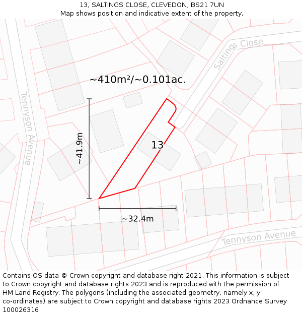 13, SALTINGS CLOSE, CLEVEDON, BS21 7UN: Plot and title map