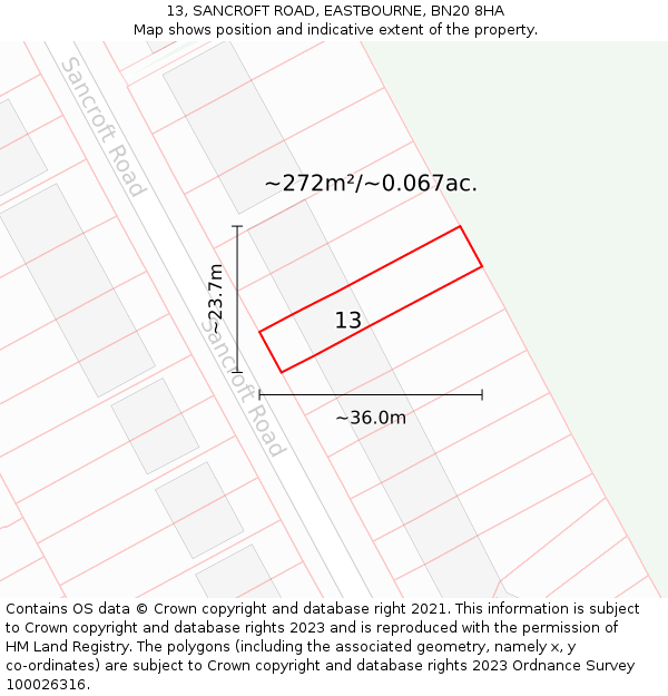 13, SANCROFT ROAD, EASTBOURNE, BN20 8HA: Plot and title map