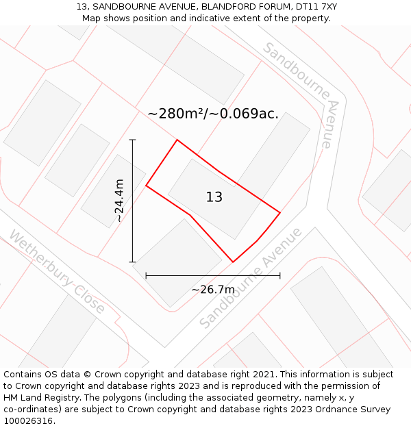 13, SANDBOURNE AVENUE, BLANDFORD FORUM, DT11 7XY: Plot and title map