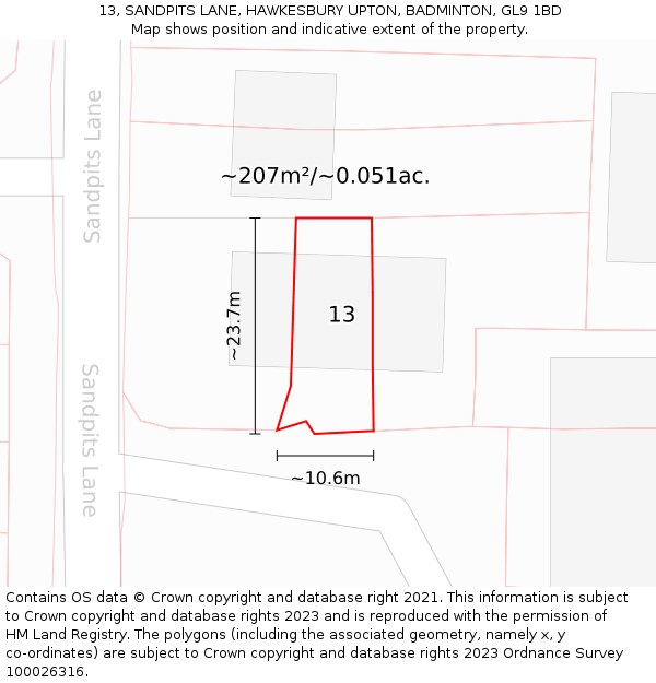 13, SANDPITS LANE, HAWKESBURY UPTON, BADMINTON, GL9 1BD: Plot and title map