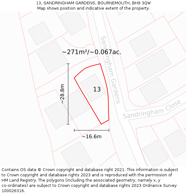 13, SANDRINGHAM GARDENS, BOURNEMOUTH, BH9 3QW: Plot and title map