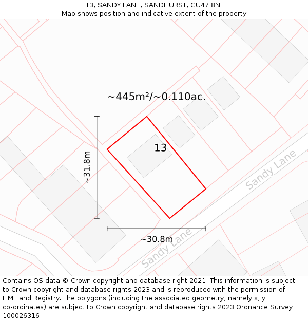 13, SANDY LANE, SANDHURST, GU47 8NL: Plot and title map