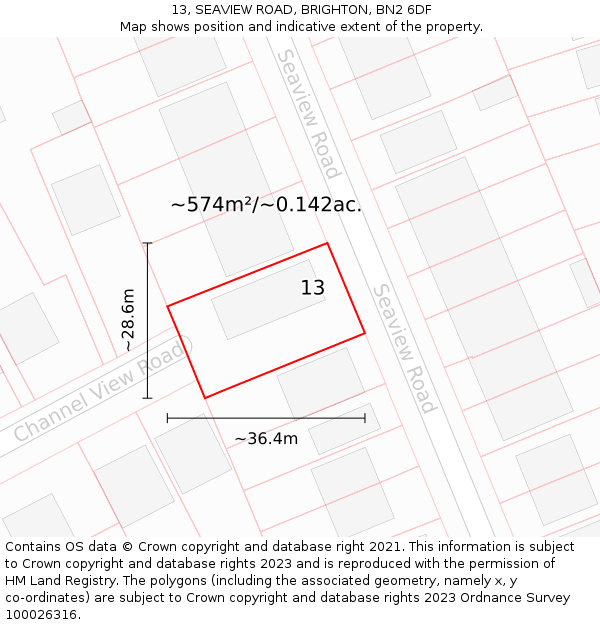 13, SEAVIEW ROAD, BRIGHTON, BN2 6DF: Plot and title map
