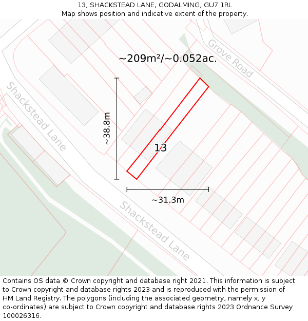 13, SHACKSTEAD LANE, GODALMING, GU7 1RL: Plot and title map