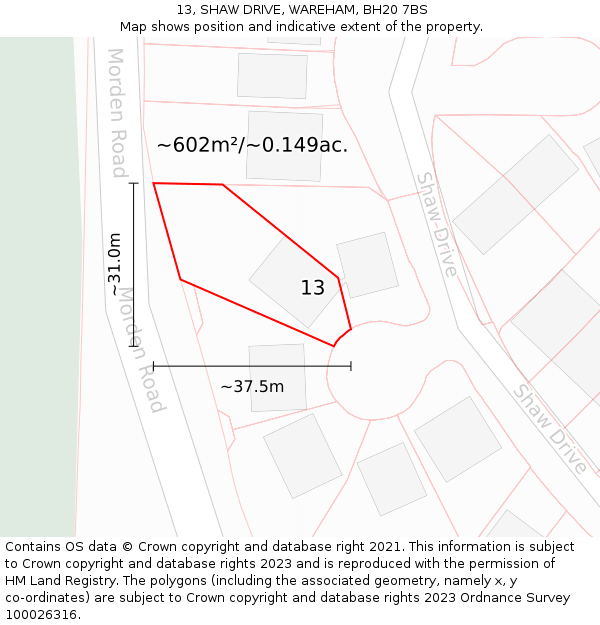 13, SHAW DRIVE, WAREHAM, BH20 7BS: Plot and title map