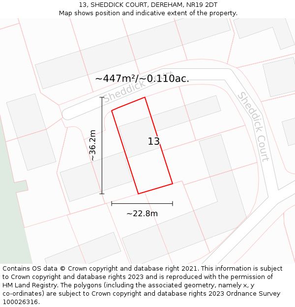 13, SHEDDICK COURT, DEREHAM, NR19 2DT: Plot and title map