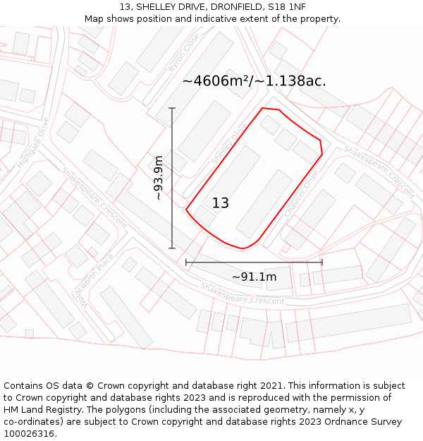 13, SHELLEY DRIVE, DRONFIELD, S18 1NF: Plot and title map